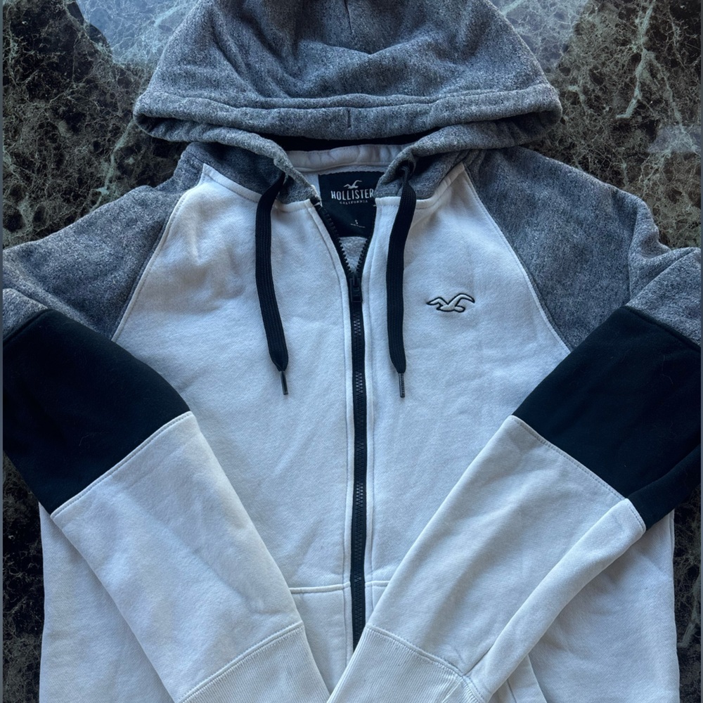 Hollister Black, Gray, and White Zip-Up Hoodie
